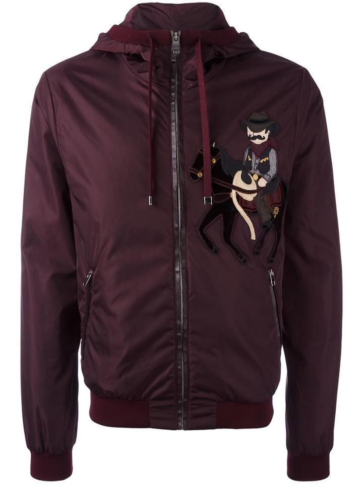Dolce & Gabbana Cowboy Patch Hooded Jacket, Men's, Size: 46, Red, Polyamide/sheep Skin/shearling/linen/flax