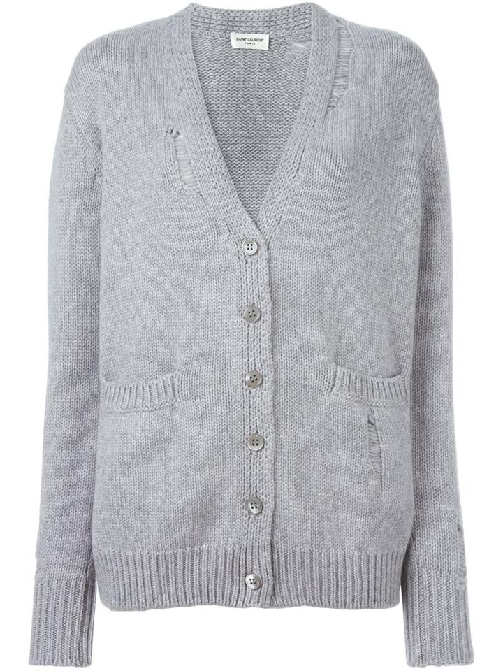 Saint Laurent Distressed Knit Cardigan, Women's, Size: Xs, Grey, Cashmere