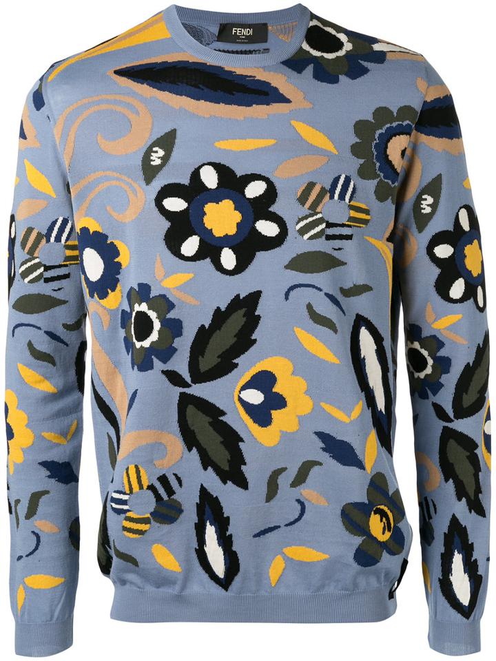 Fendi Floral Patterned Sweater, Men's, Size: 52, Blue, Cotton