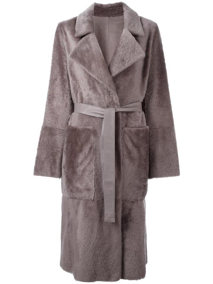 Yves Salomon Belted Mid Coat, Women's, Size: 36, Grey, Lamb Fur/lamb Skin