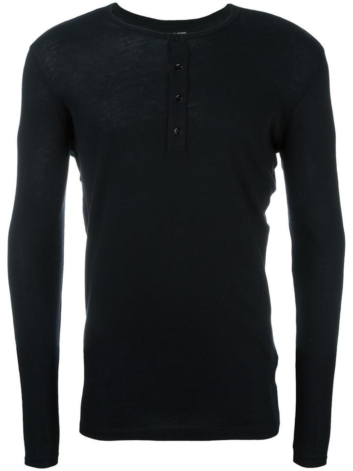 Majestic Filatures Buttoned Round Neck T-shirt, Men's, Size: Medium, Black, Cotton/cashmere