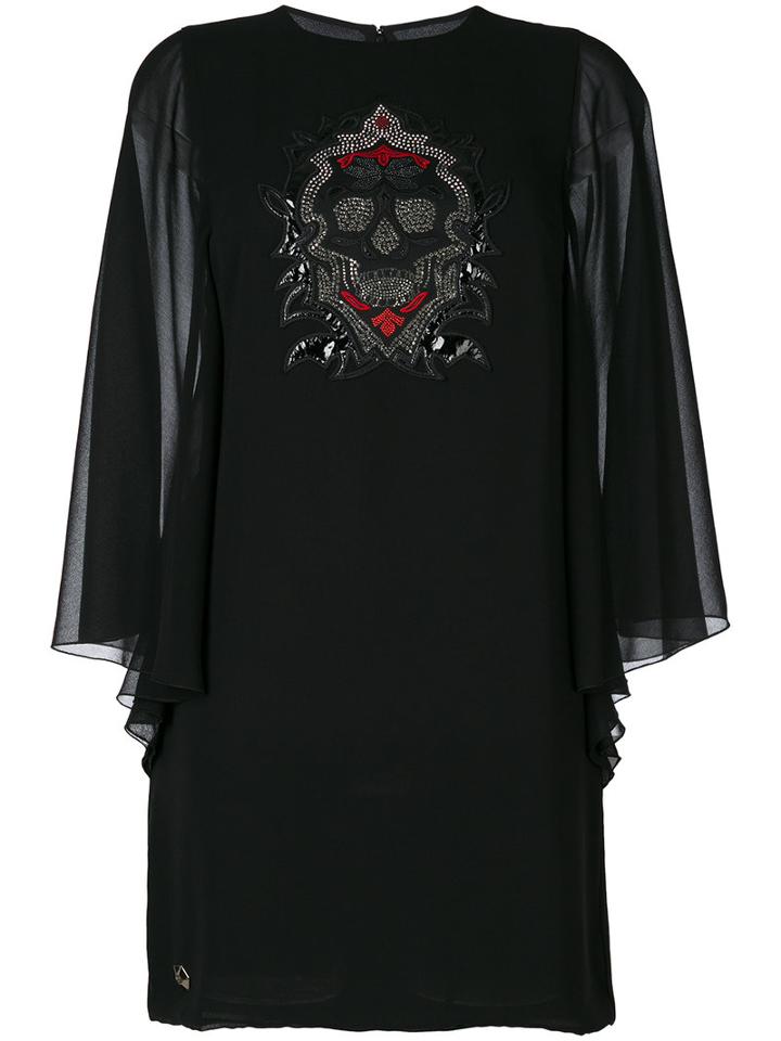 Philipp Plein - Sequin Skull Mini Dress With Sheer Sleeves - Women - Polyester - L, Black, Polyester