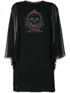 Philipp Plein - Sequin Skull Mini Dress With Sheer Sleeves - Women - Polyester - L, Black, Polyester