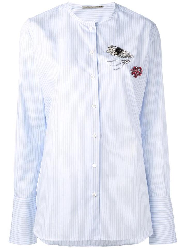 Ermanno Scervino Collarless Striped Shirt, Women's, Size: 46, Blue, Cotton/crystal/brass