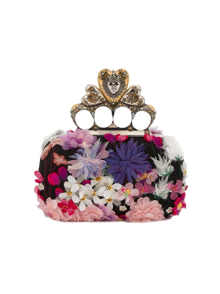 Alexander Mcqueen - Heart Knuckle Floral Box Clutch - Women - Silk/leather/metal - One Size, Black, Silk/leather/metal