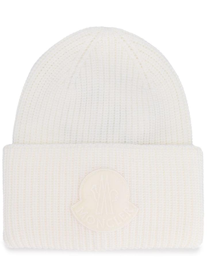 Moncler Logo Patch Beanie - White