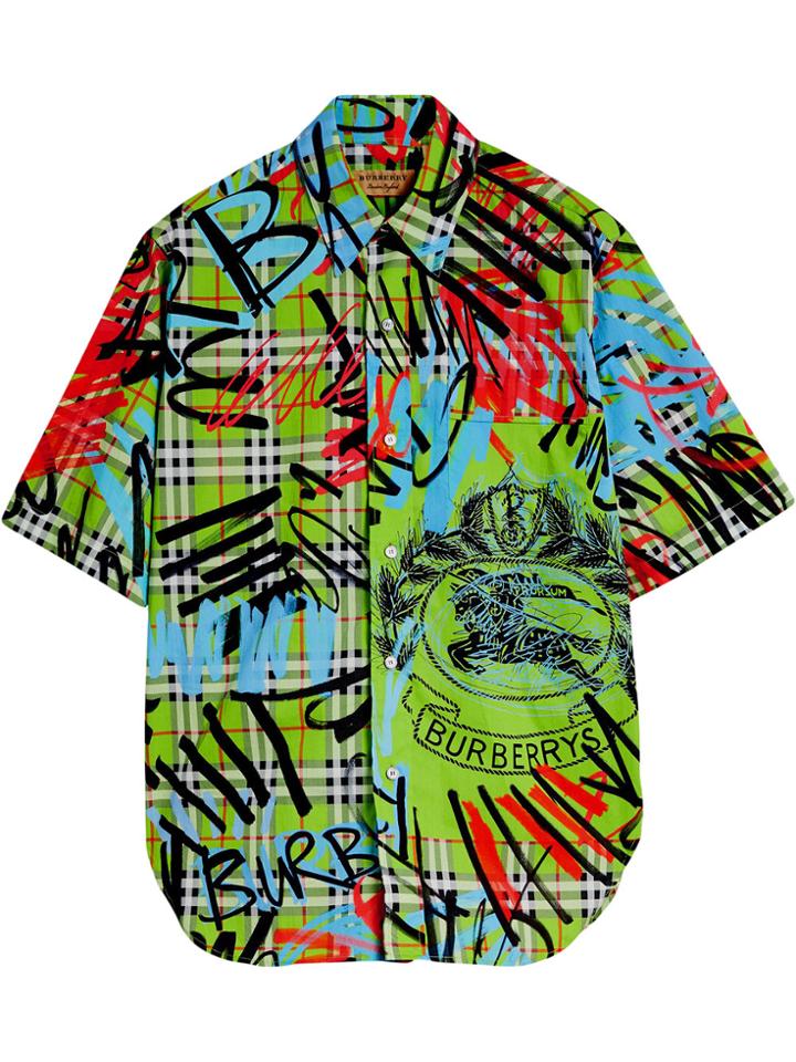 Burberry Short-sleeve Graffiti Print Check Cotton Shirt - Green