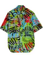 Burberry Short-sleeve Graffiti Print Check Cotton Shirt - Green