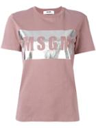 Msgm Logo Print T-shirt, Size: Small, Pink/purple, Cotton