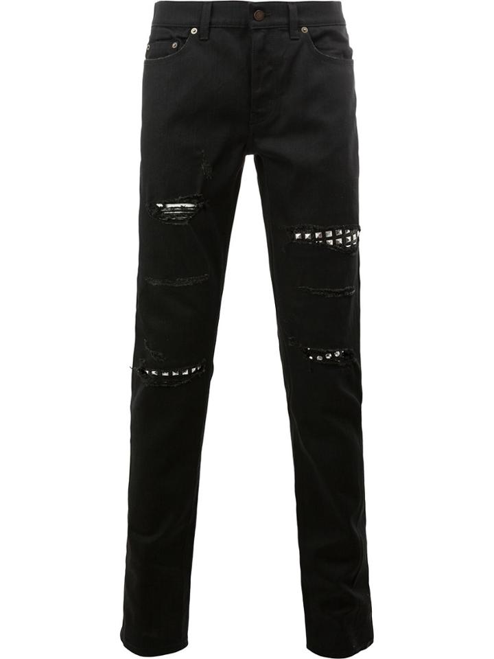 Saint Laurent Distressed Slim Fit Jeans - Black