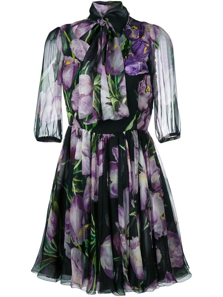 Dolce & Gabbana Tulip Print Sheer Dress, Women's, Size: 38, Black, Silk/cotton/polyamide