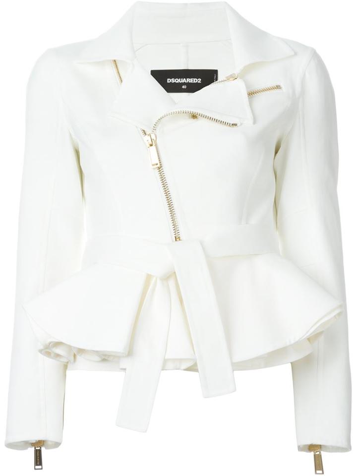 Dsquared2 Peplum Hem Biker Jacket, Women's, Size: 40, White, Cotton/polyamide/spandex/elastane/polyester