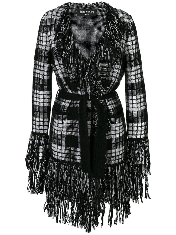 Balmain Fringed Tartan Cardigan - Black