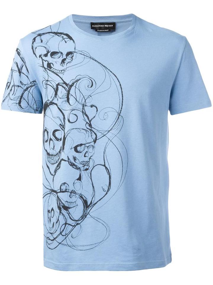 Alexander Mcqueen Skull Print T-shirt, Men's, Size: Medium, Blue, Cotton