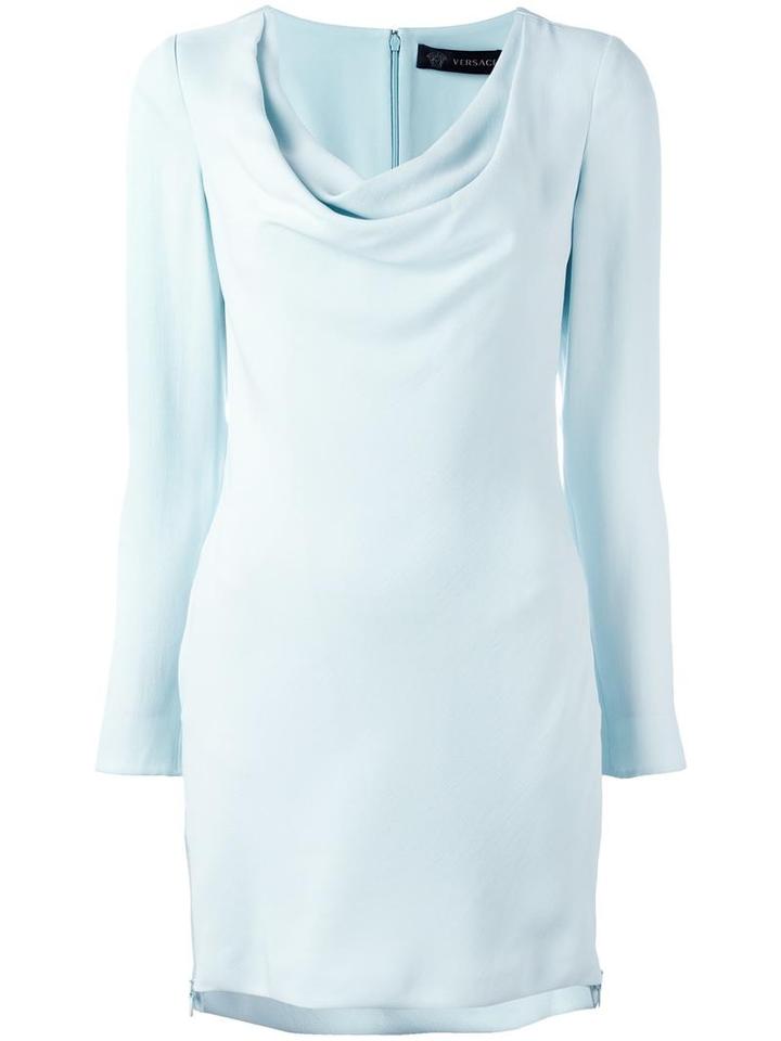 Versace Drape Collar Fitted Dress, Women's, Size: 44, Blue, Acetate/viscose