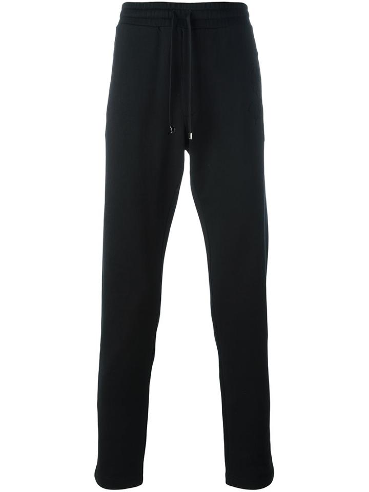 Dolce & Gabbana Embroidered Rose Track Pants, Men's, Size: 48, Black, Cotton/calf Leather/silk