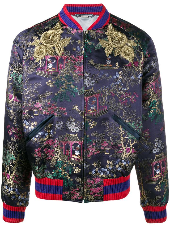 Gucci Jacquard Embroidered Bomber Jacket, Men's, Size: 50, Blue, Viscose/silk