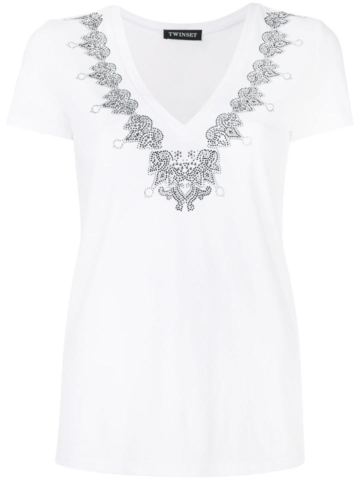 Twin-set Embellished V-neck T-shirt - White