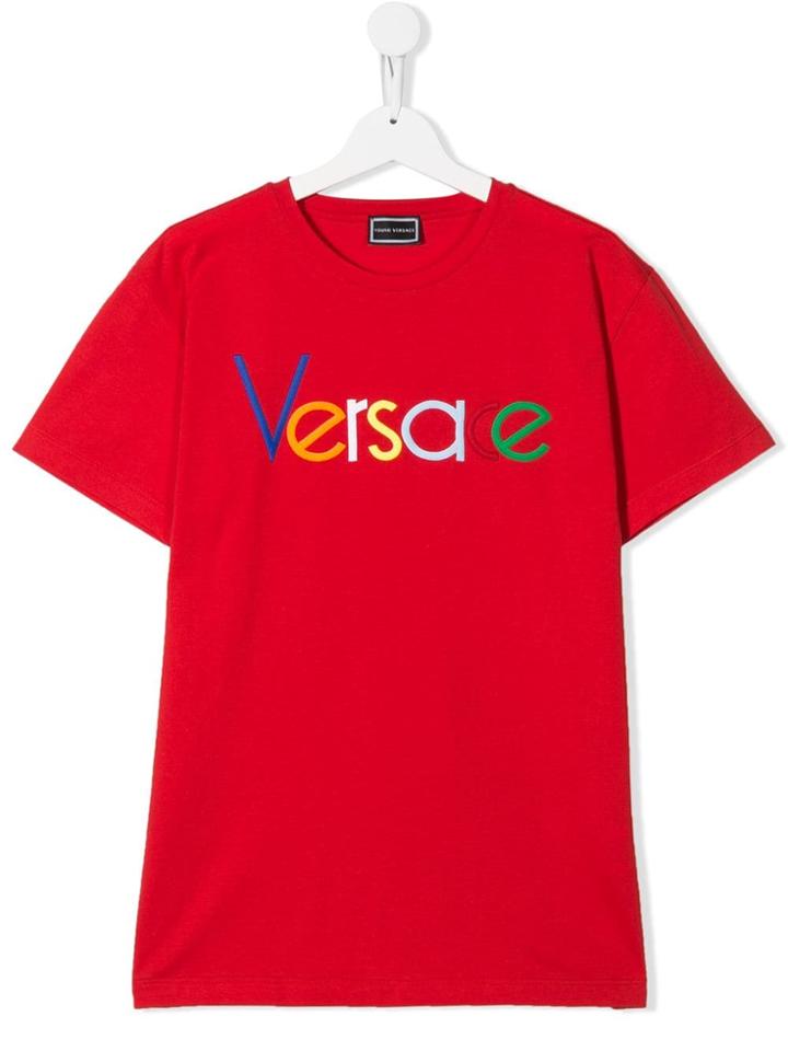 Young Versace Logo Embroidered T-shirt