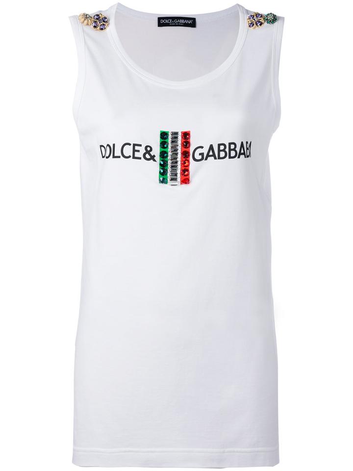 Dolce & Gabbana Logo Italian Flag Tank Top, Women's, Size: 38, White, Cotton/crystal