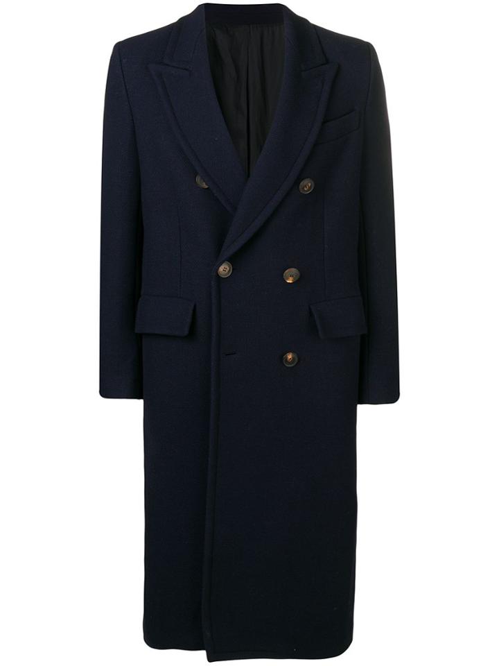 Ami Paris Patched Pockets Double-breasted Long Lined Coat - Blue