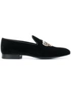 Versace Crown Embroidered Velvet Loafers - Black