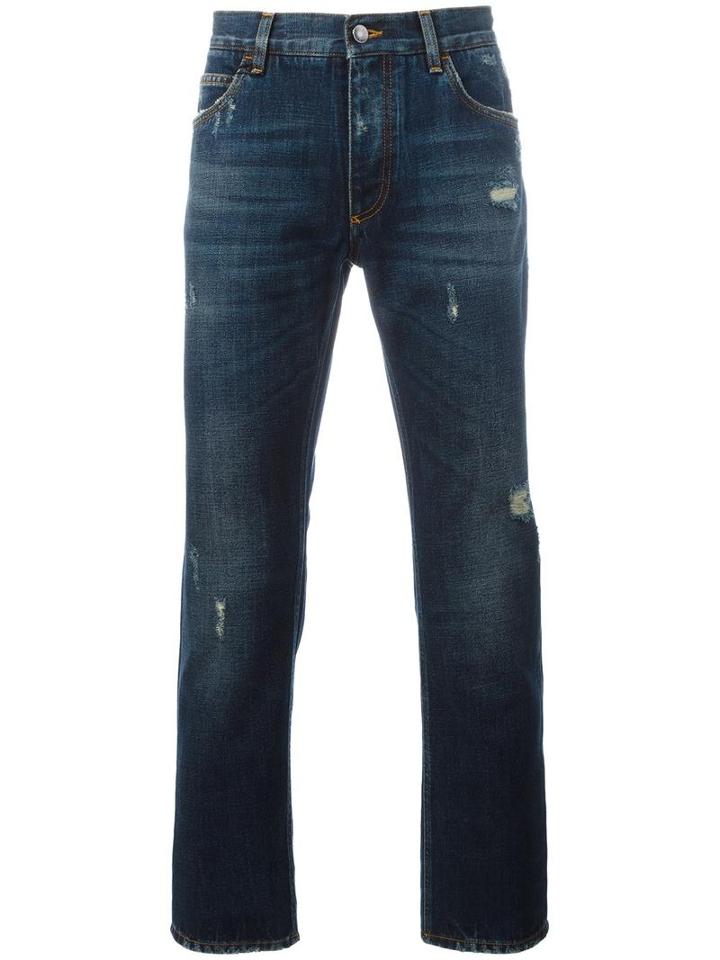 Dolce & Gabbana Ripped Detail Jeans, Men's, Size: 44, Blue, Cotton/zamac/calf Leather