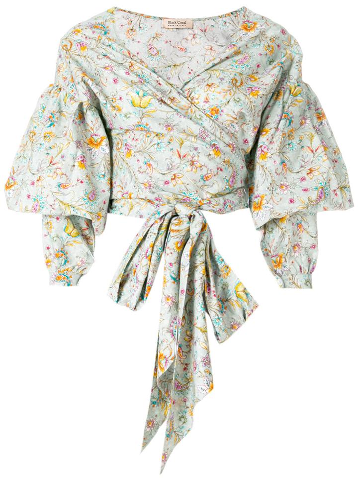 Black Coral Front-tie Floral Blouse - Blue