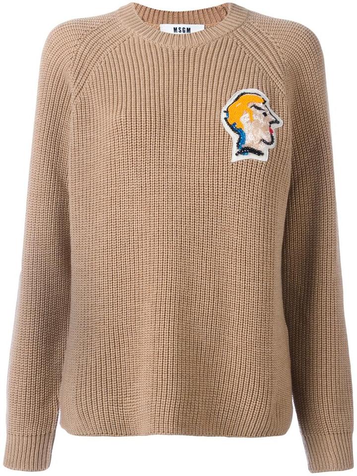 Msgm Beaded Face Patch Jumper, Women's, Size: Small, Nude/neutrals, Virgin Wool
