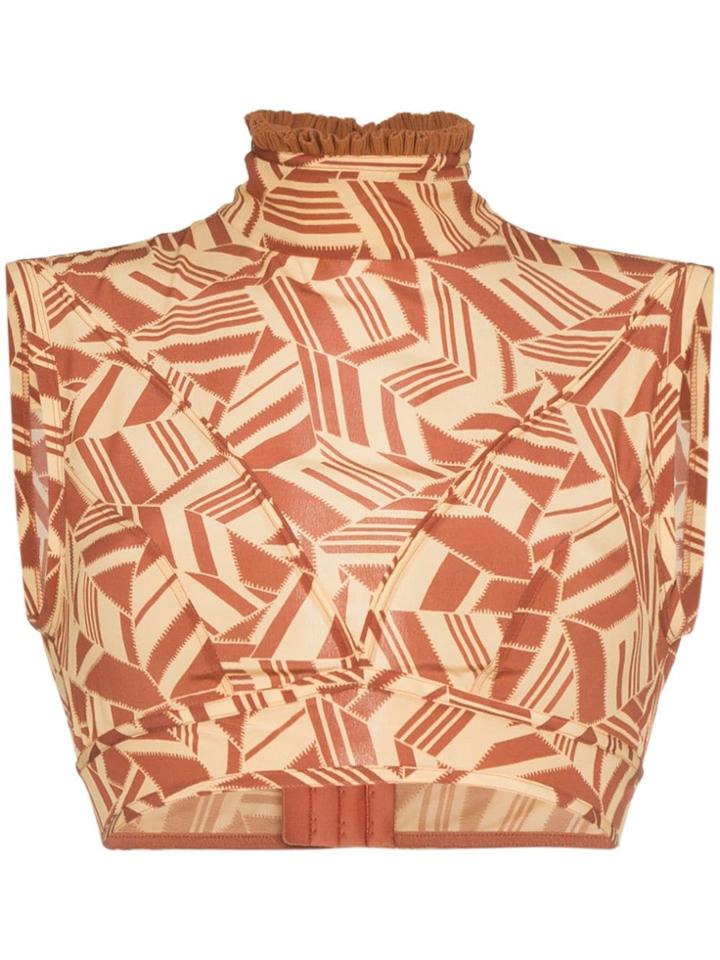 Chloé High Neck Pattern Silk Crop Top - Brown