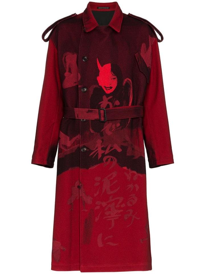 Yohji Yamamoto Female Print Wool Blend Trench Coat - Red