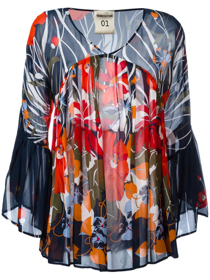 Erika Cavallini - Floral Print V-neck Blouse - Women - Viscose - 44, Women's, Blue, Viscose