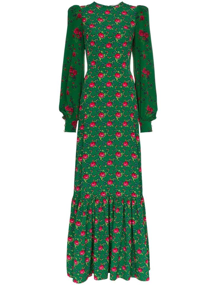 The Vampire's Wife Festival Floral Jacquard Ruffle-trim Dress - Green