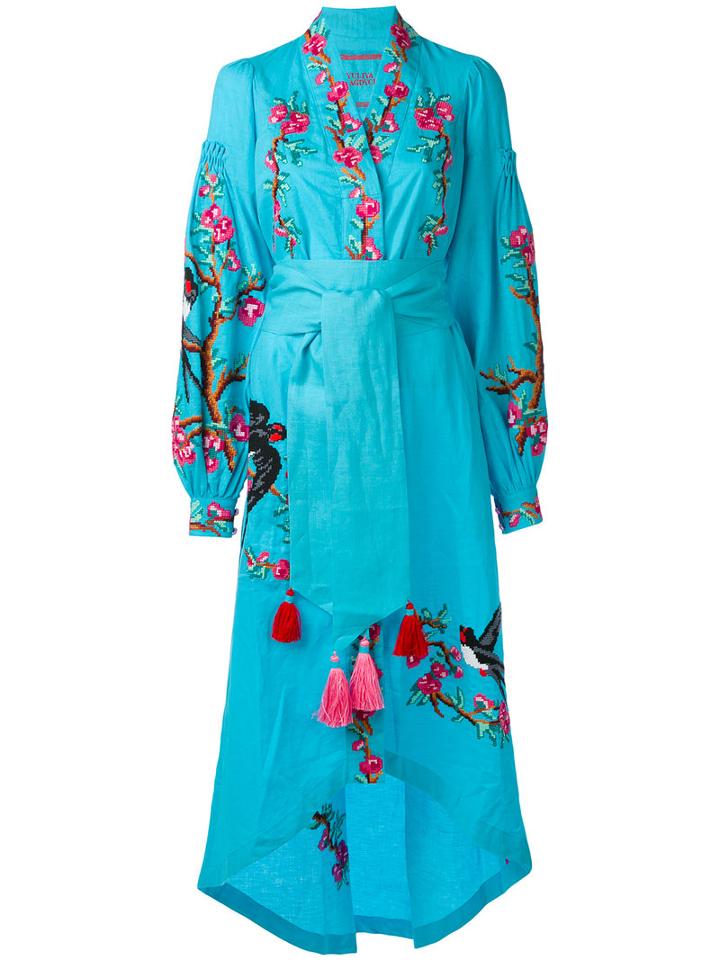 Yuliya Magdych - 'swallows' Dress - Women - Linen/flax - L, Blue, Linen/flax