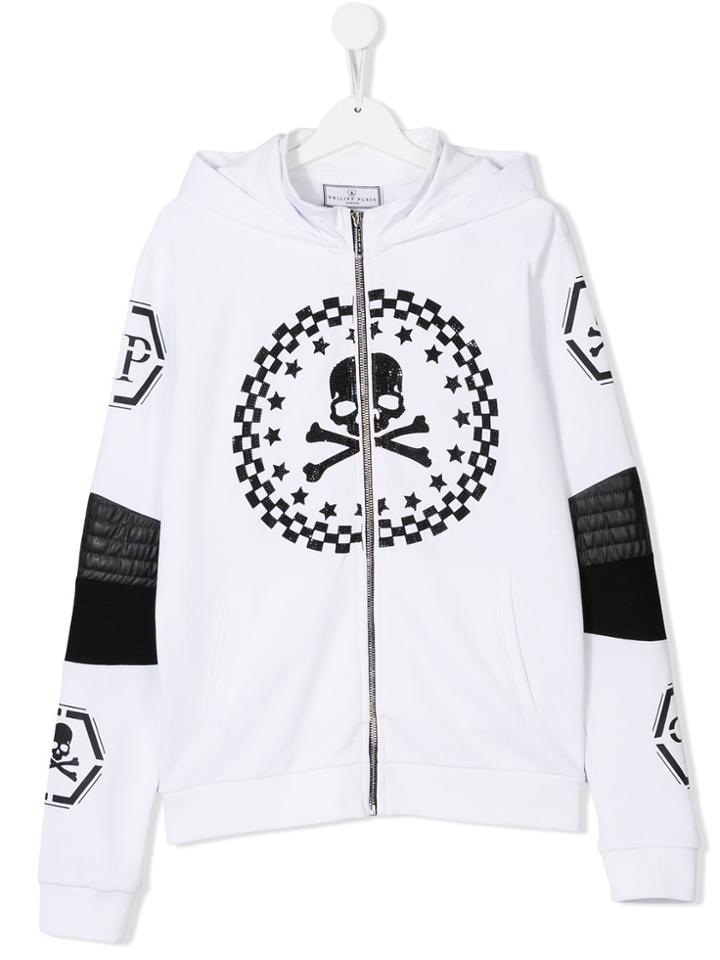 Philipp Plein Junior Skull & Crossbones Zip Hoodie - White