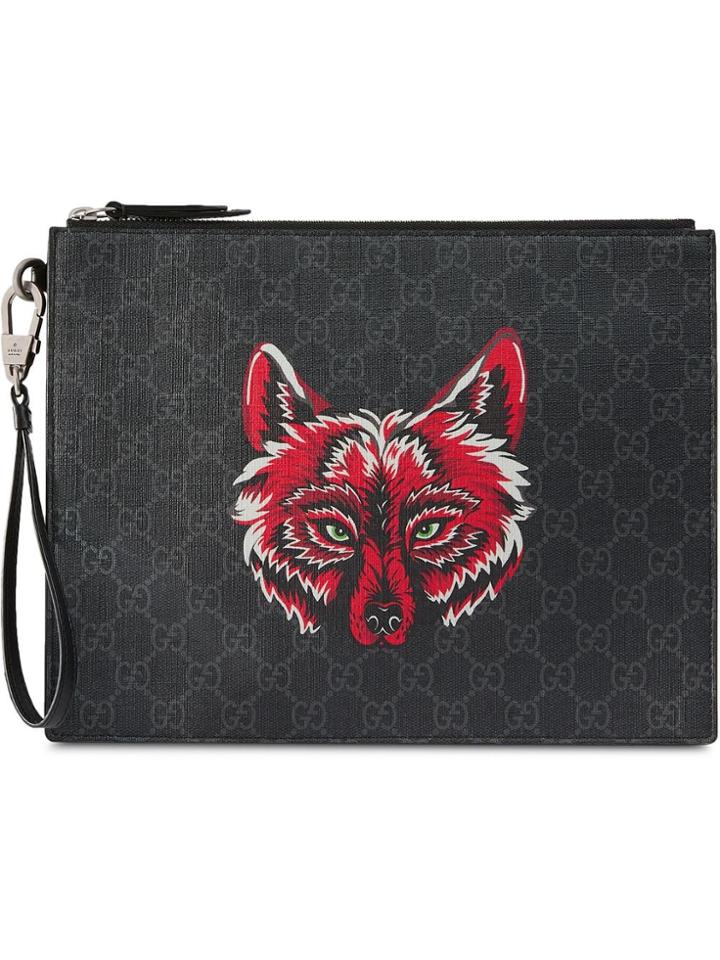 Gucci Gg Supreme Pouch With Wolf - Black