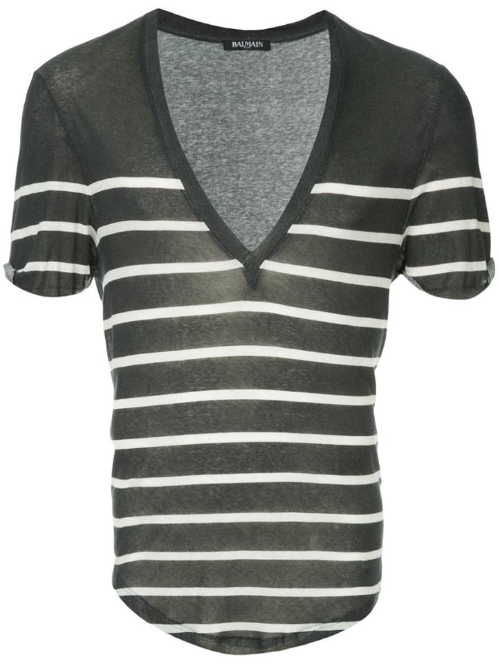 Balmain Striped V-neck T-shirt - Black