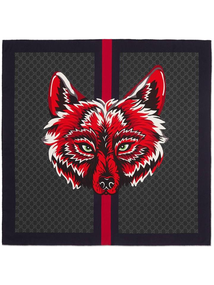 Gucci Gg Silk Carré With Wolf - Black