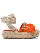 Miu Miu 45 Crystal Fringed Flatform Tie Up Sandals - Red