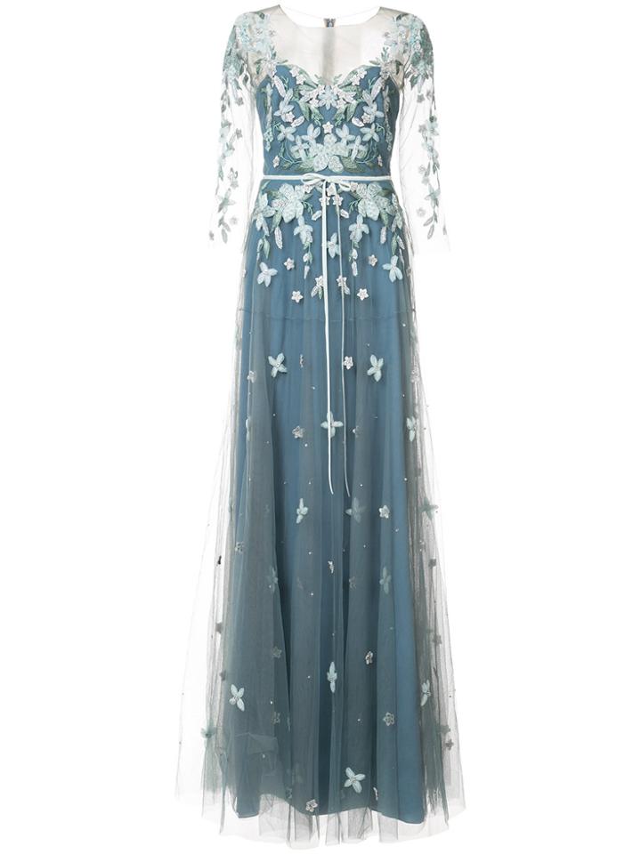 Marchesa Notte Floral-appliquéd Gown - Blue