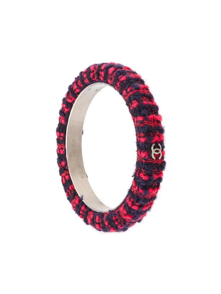 Chanel Vintage Tweed Cc Logo Bangle, Women's, Red