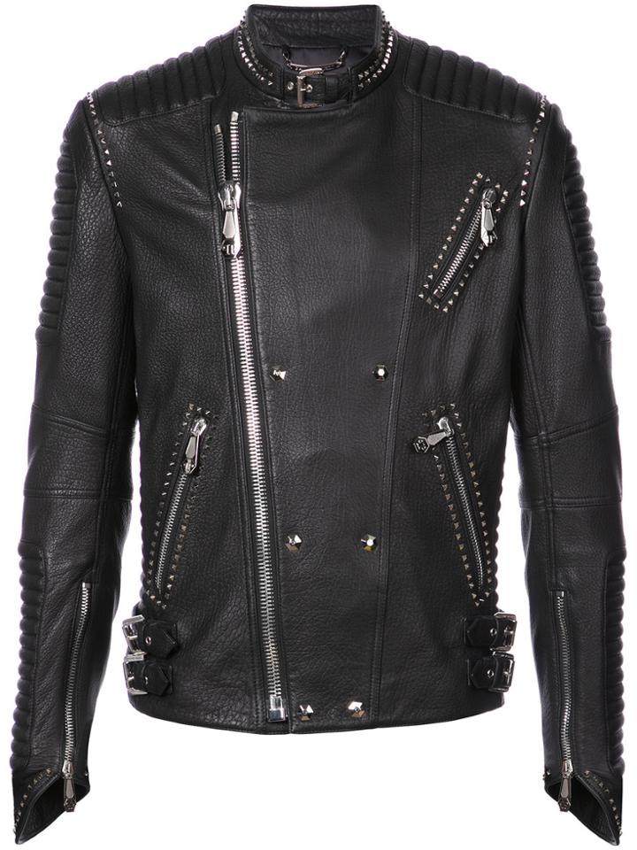 Philipp Plein Stud Detail Leather Jacket - Black