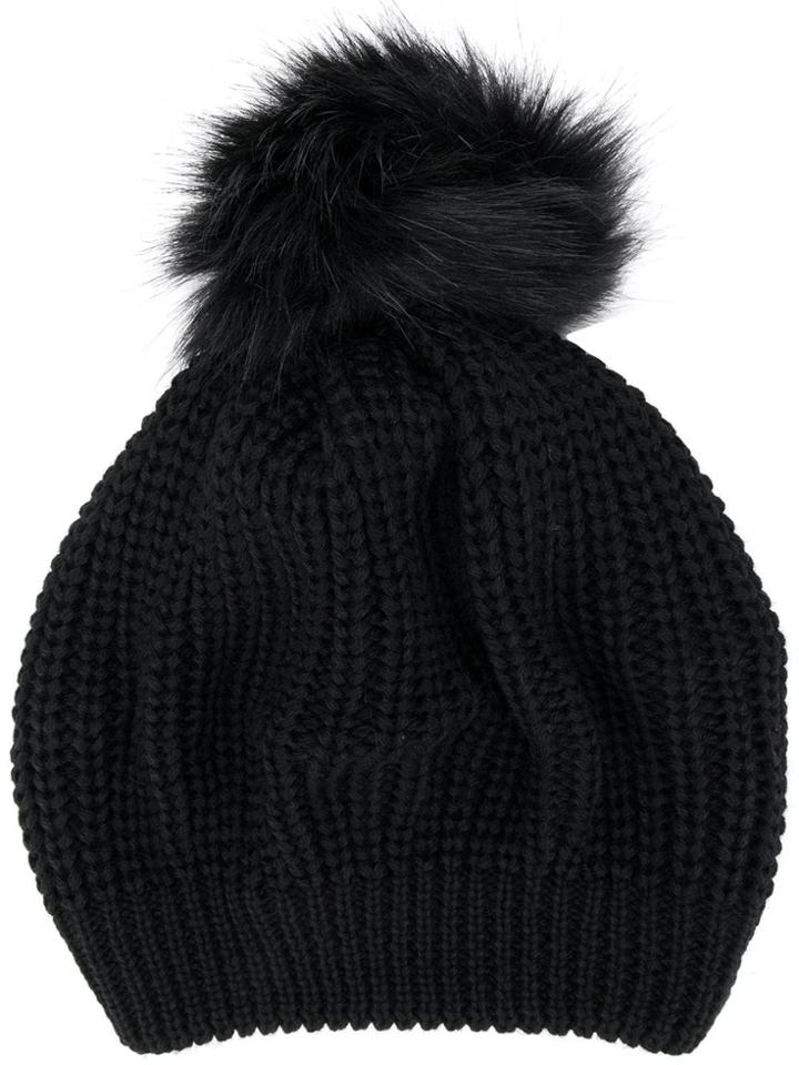 Le Chapeau Ribbed Pom Pom Hat - Black