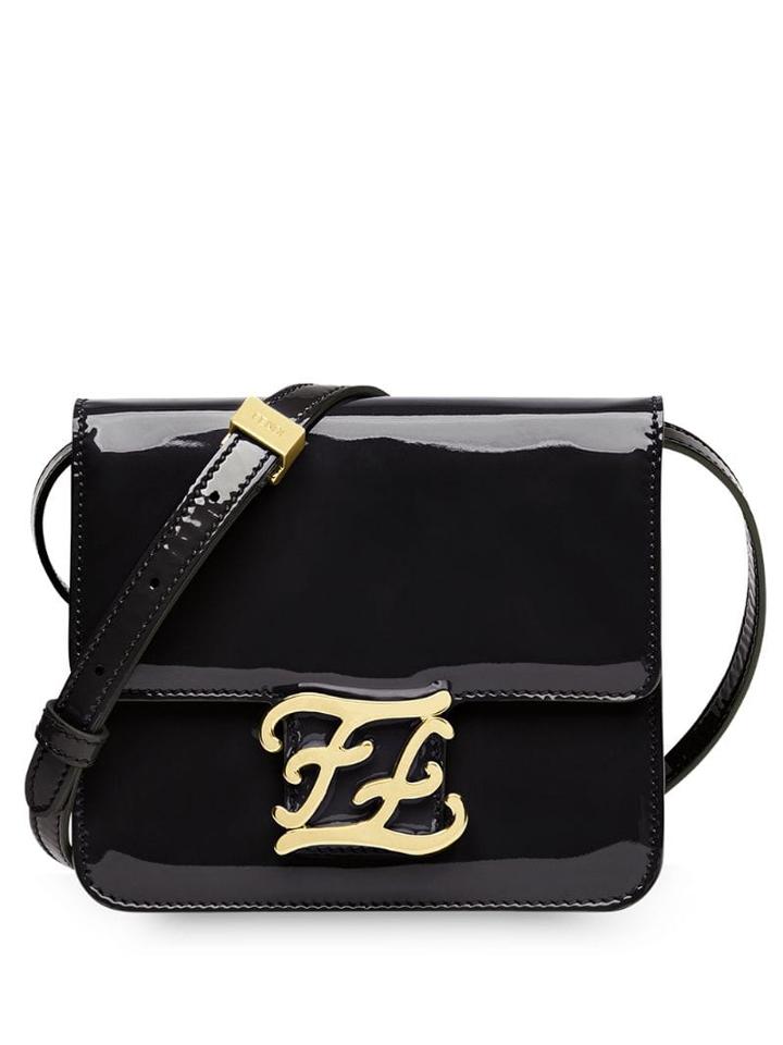 Fendi Ff Karligraphy Patent Leather Shoulder Bag - Black