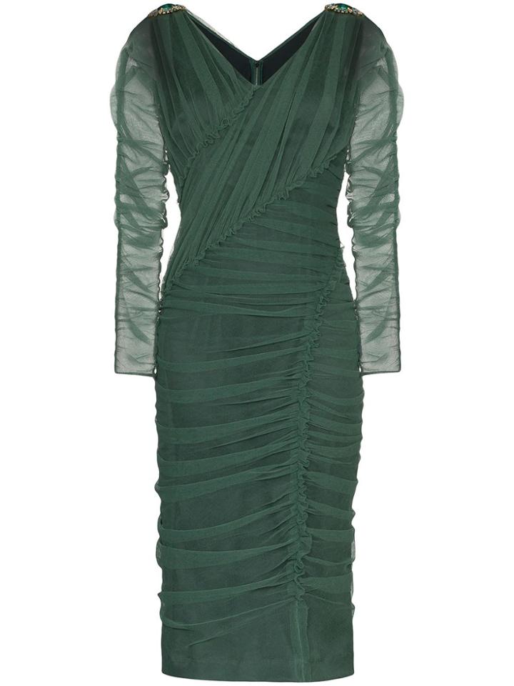 Dolce & Gabbana V-neck Ruched Mesh Midi Dress - Green