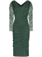 Dolce & Gabbana V-neck Ruched Mesh Midi Dress - Green