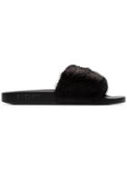 Givenchy Black Fur Strap Slide Sandals