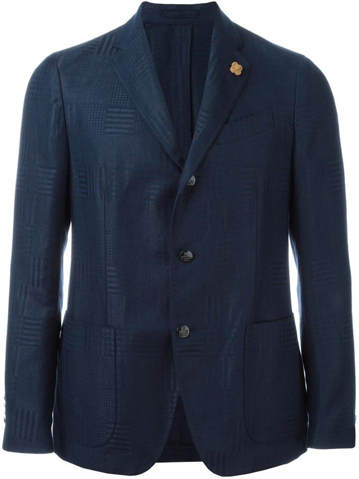 Lardini Prince Of Wales Check Blazer, Men's, Size: 50, Blue, Cotton/linen/flax/polyester