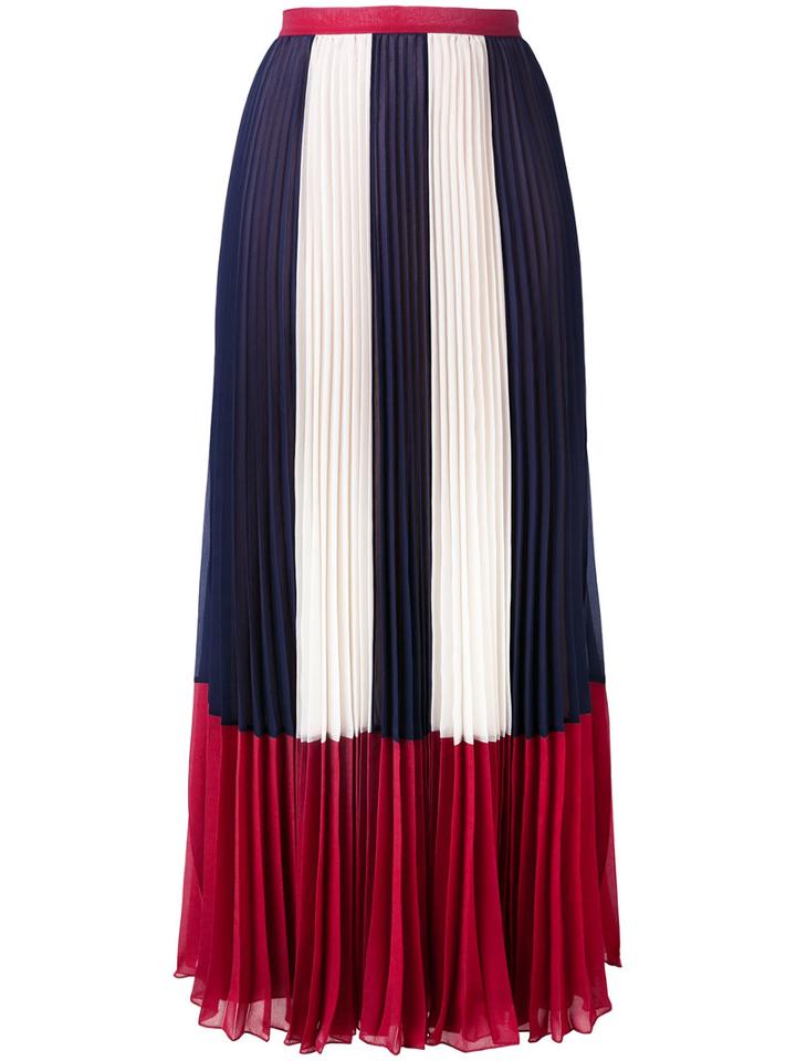 Red Valentino - Stripe Panel Pleated Skirt - Women - Polyester - 38, Blue, Polyester