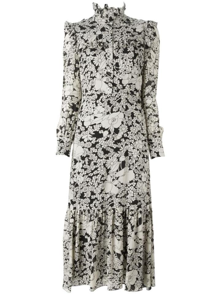 Saint Laurent Floral Print Ruffle Dress, Women's, Size: 42, Black, Silk/viscose